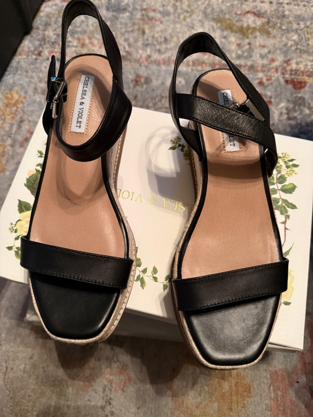 Chelsea & Violet Black Leather Cross-Strap Slingback Sandals